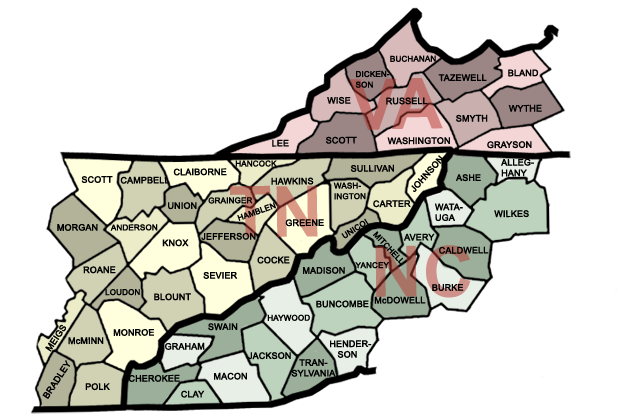 TN, NC, VA County Map